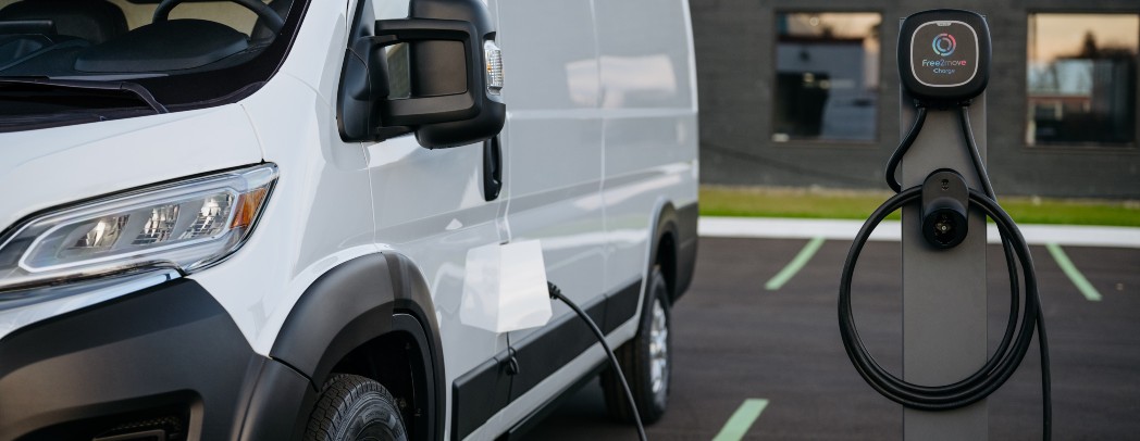 2024 RAM ProMaster EV Exterior Driver Side Front Profile Plugged In