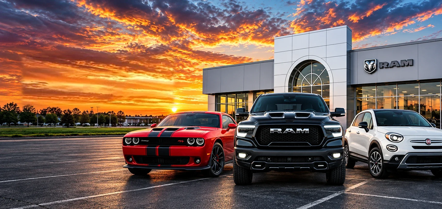 A Dodge Challenger, a black Ram 1500 and a FIAT 500X parked outside the Ram showroom at sunset.