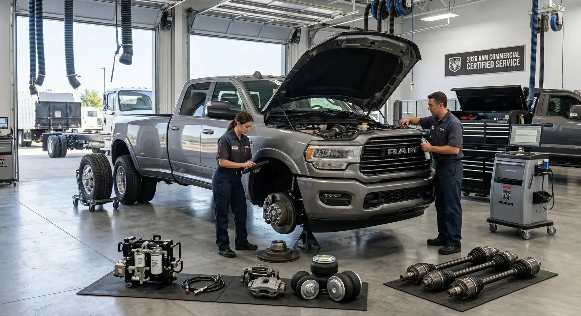 A Ram pickup up on a lift in the Briggs service bay with its wheels off and brake parts laid out on the floor, two technicians working on it, under a Ram Commercial Certified Service sign.