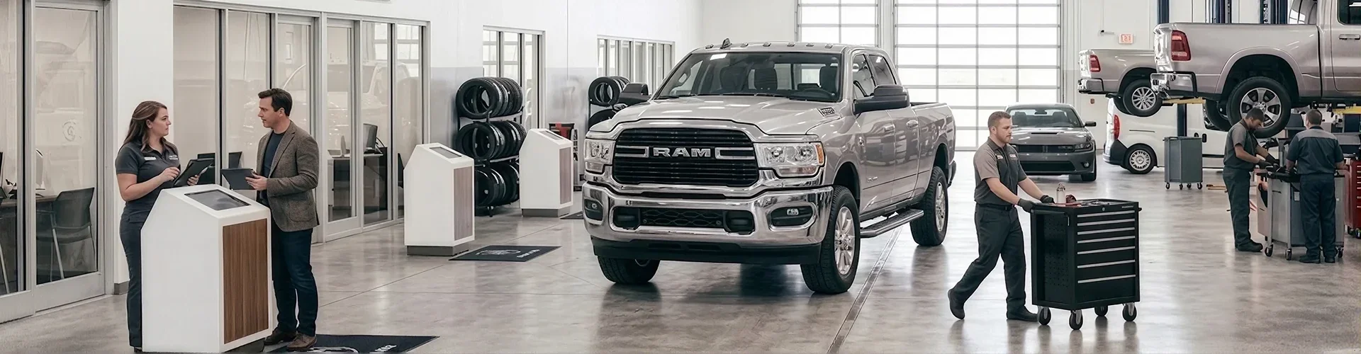 Staff and customers in the service drive with a Ram on the lift behind them.