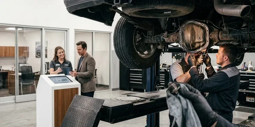 A technician checking the underside of a vehicle on a lift while an advisor talks with a customer.