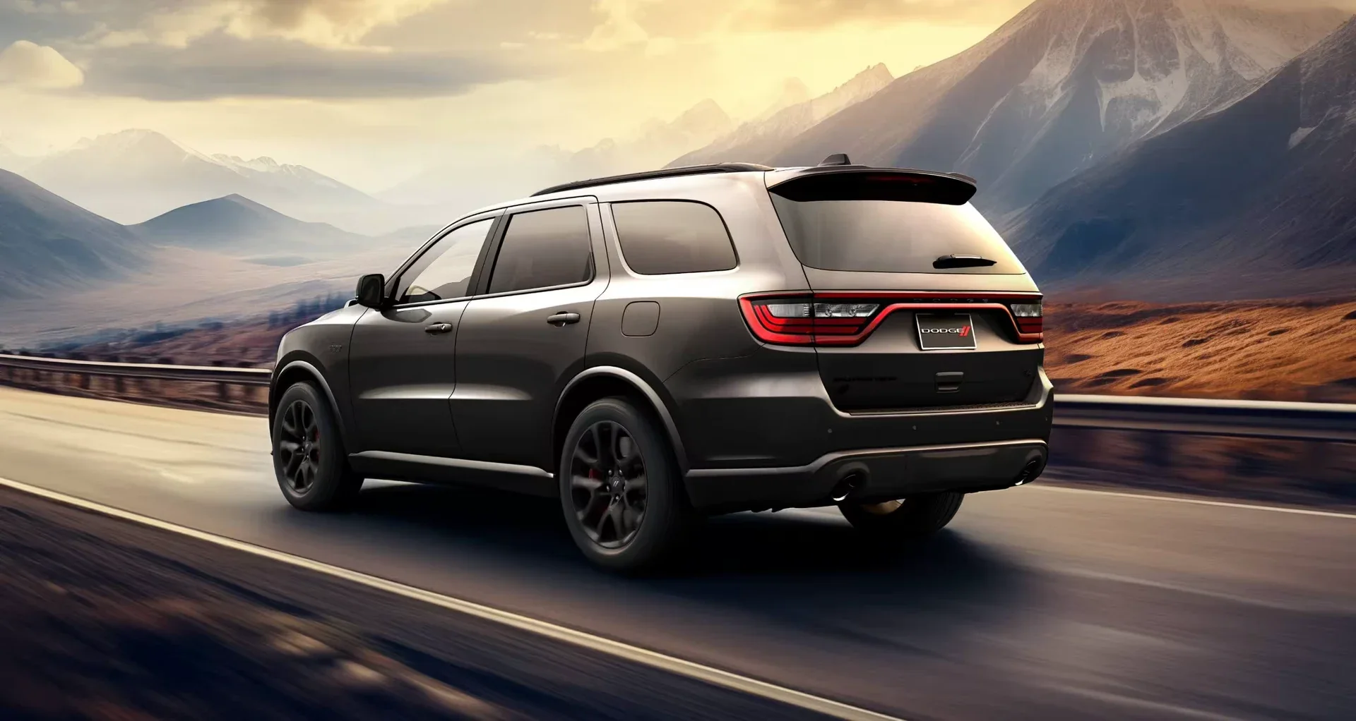 A black Dodge Durango driving on a mountain road.