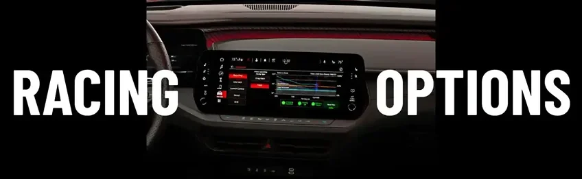 Dodge Charger cockpit display showing race preparation settings, captioned Racing Options