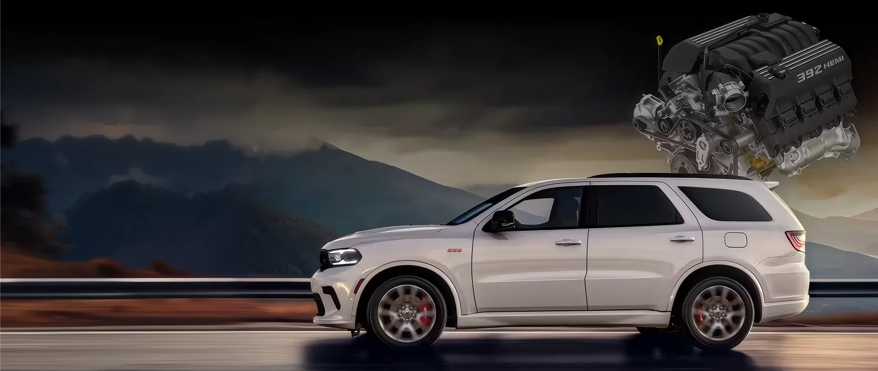 White Dodge Durango R/T 392 on a desert road beside a 6.4L HEMI V8 engine