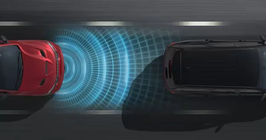 Overhead illustration of a red Durango braking behind a dark vehicle