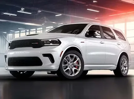 White Dodge Durango in a showroom, front three-quarter view
