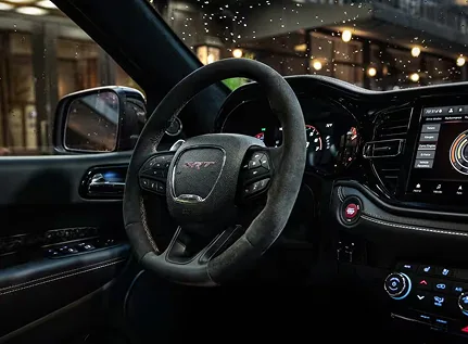 Dodge Durango steering wheel and dashboard seen from the driver’s seat