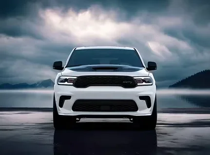 White Dodge Durango head-on under a stormy sky