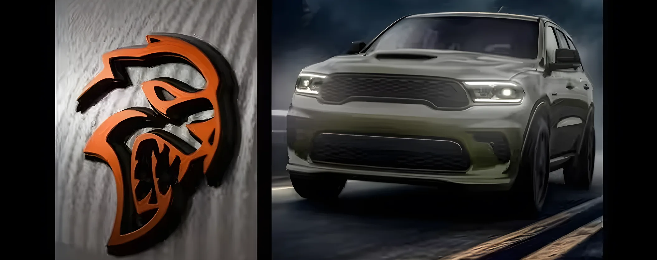 Orange HEMI badge beside a dark Dodge Durango on a night road