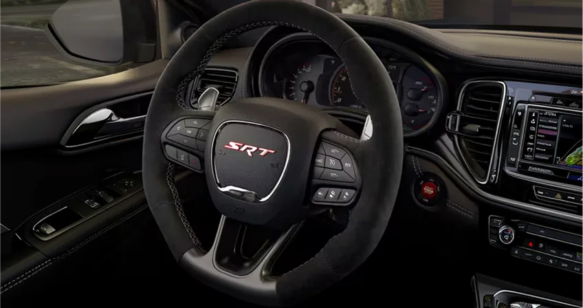 Close-up of the Dodge Durango SRT steering wheel and paddle shifters