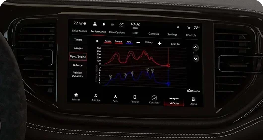 Uconnect touchscreen showing the SRT Performance Pages gauges