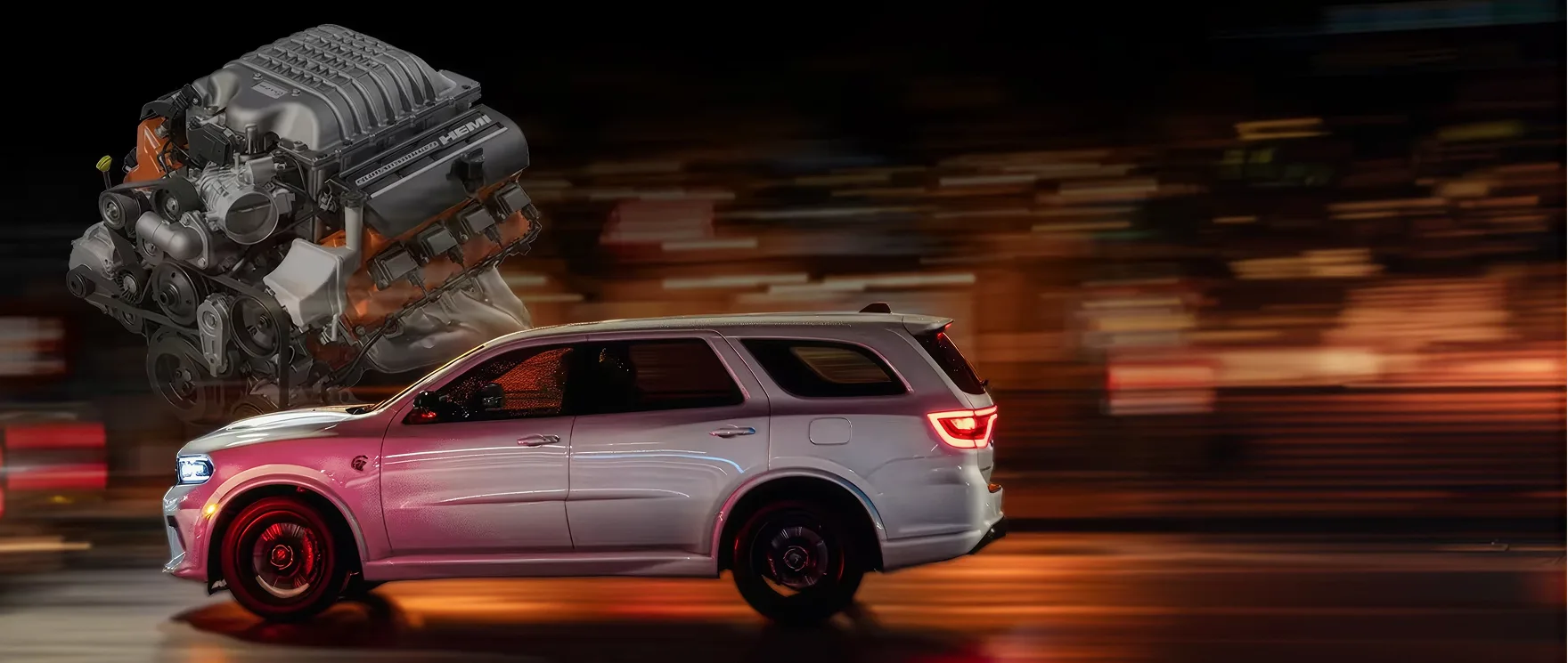 Silver Dodge Durango SRT Hellcat in motion beside a supercharged HEMI V8 engine