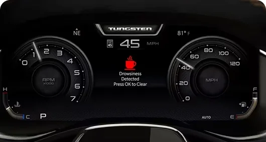 RAM 1500 instrument cluster showing a drowsiness detected alert
