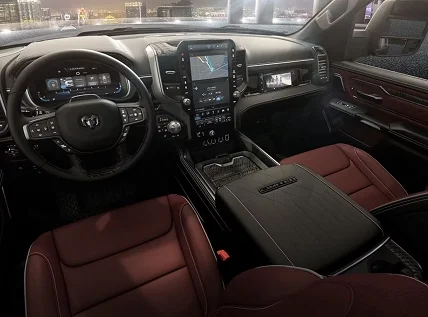 RAM 1500 front seats and console trimmed in burgundy leather
