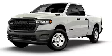 White RAM 1500 Tradesman 4x4 crew cab, front three-quarter studio view
