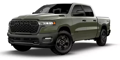 Olive green RAM 1500 Warlock 4x4 crew cab, front three-quarter studio view