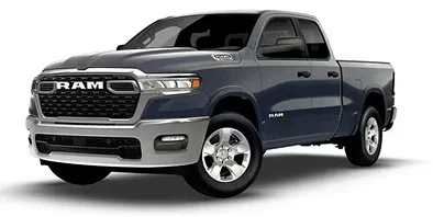 Dark blue RAM 1500 Big Horn 4x4 crew cab, front three-quarter studio view