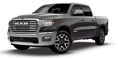 Gray RAM 1500 Laramie 4x4 crew cab, front three-quarter studio view