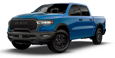 Blue RAM 1500 Rebel 4x4 crew cab, front three-quarter studio view