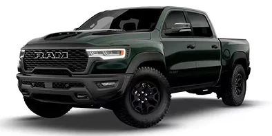 Dark green RAM 1500 RHO 4x4 crew cab, front three-quarter studio view