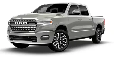 Silver RAM 1500 Limited 4x4 crew cab, front three-quarter studio view