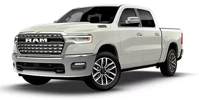Cream RAM 1500 Limited Longhorn 4x4 crew cab, front three-quarter studio view