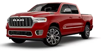 Red RAM 1500 Tungsten 4x4 crew cab, front three-quarter studio view