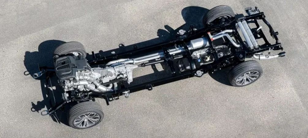 Overhead view of the RAM 1500 steel frame, suspension and driveline