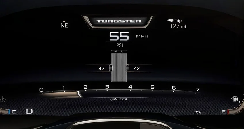 RAM 1500 digital cluster showing the integrated trailer health monitor readout