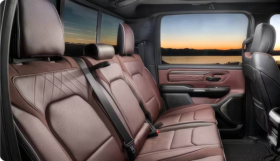 Rear seats of the RAM 1500 Limited trimmed in burgundy quilted leather