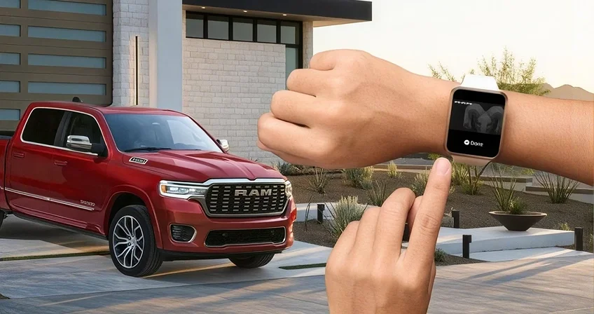 Person using a smartwatch to unlock a red RAM 1500 parked in a driveway
