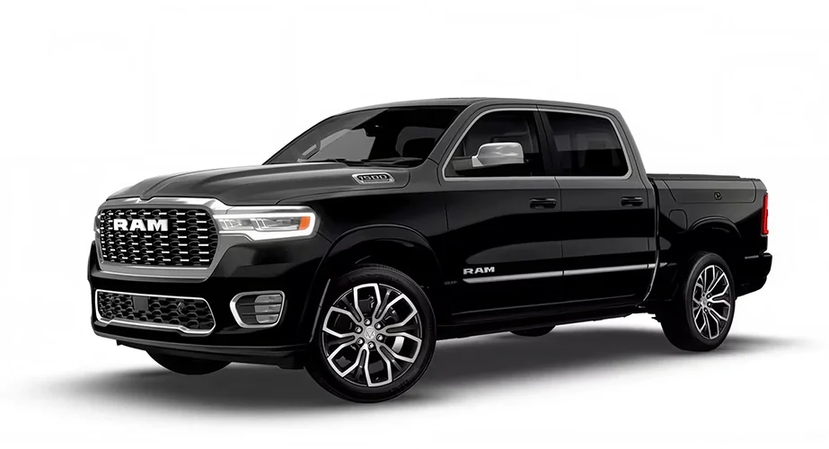 Black RAM 1500 crew cab shown from the front three-quarter angle on a white background
