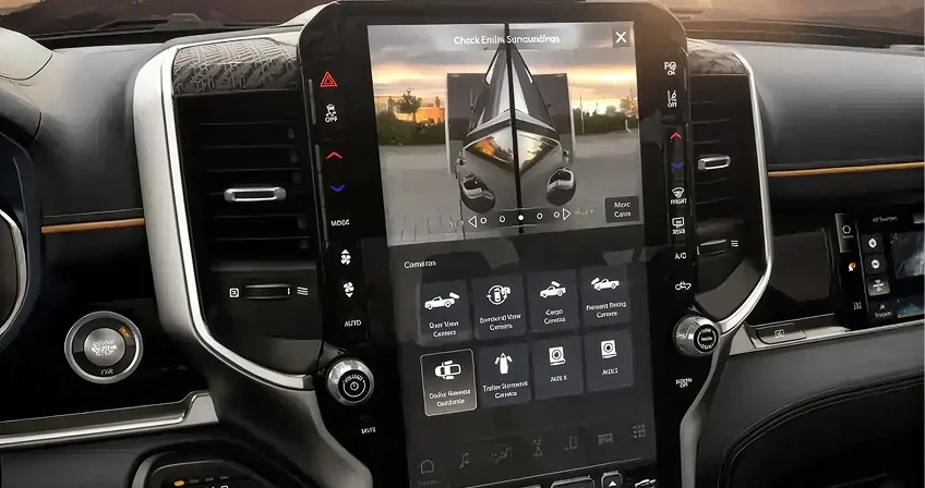 RAM 1500 centre touchscreen showing the reversing camera with dynamic trailer gridlines