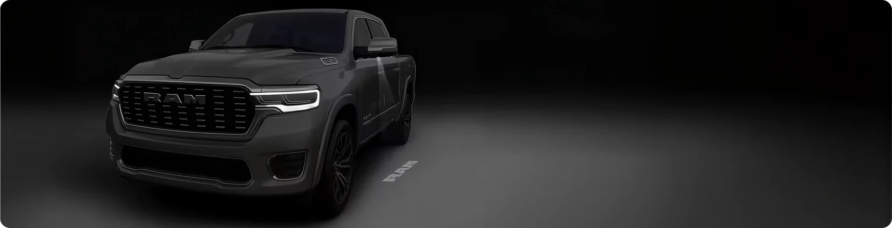 Dark RAM 1500 in a dim studio with the exterior light carpet projected on the ground