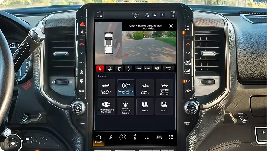 RAM vertical touchscreen showing the 360-degree surround view camera with the truck seen from above