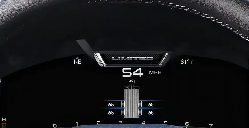 RAM digital cluster display showing trailer tire pressure readings of 65 psi on four tires