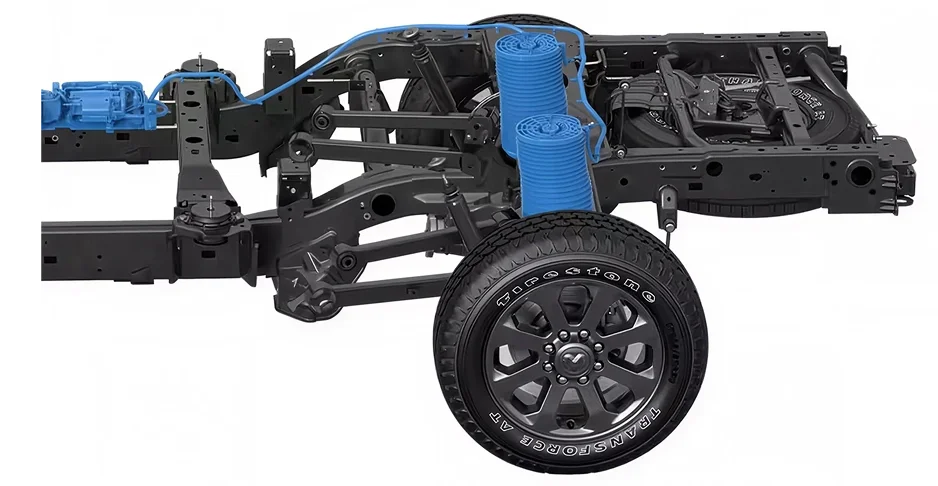 Cutaway RAM 2500 chassis showing the steel frame, rear axle and blue auto-level air suspension springs