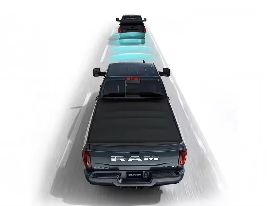Illustration of a RAM 2500 holding a set following distance behind another vehicle, shown in blue