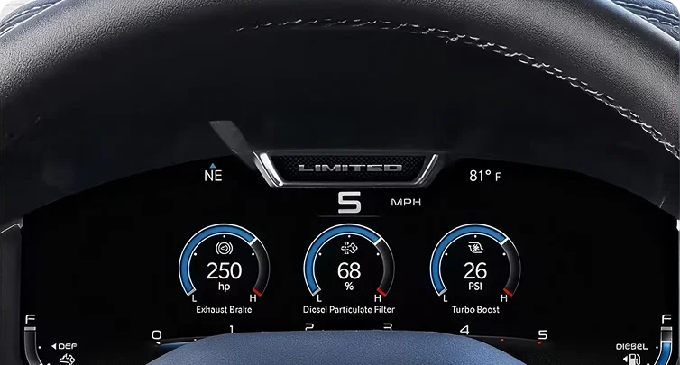 RAM digital cluster gauge summary showing exhaust brake, diesel particulate filter and turbo boost dials