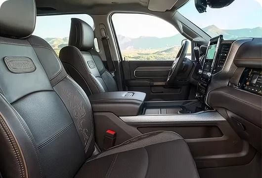 RAM 2500 Limited Longhorn interior with bison brown leather seats and filigree stitching