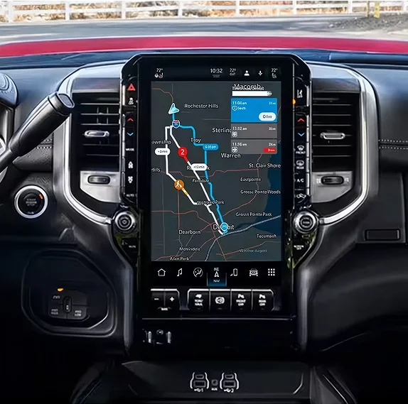 RAM vertical touchscreen showing full-colour navigation with a highlighted route and turn list