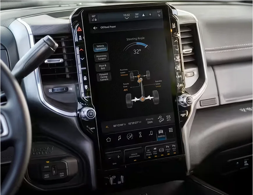 RAM vertical touchscreen showing the off-road pages with axle articulation and steering angle