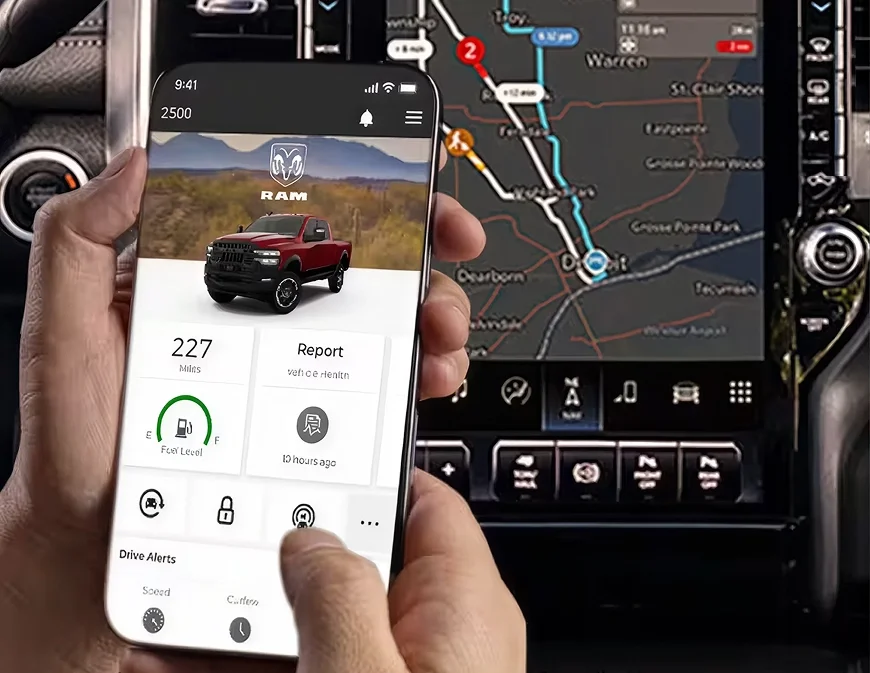Hands holding a phone with the Ram app open in front of the truck touchscreen showing a route