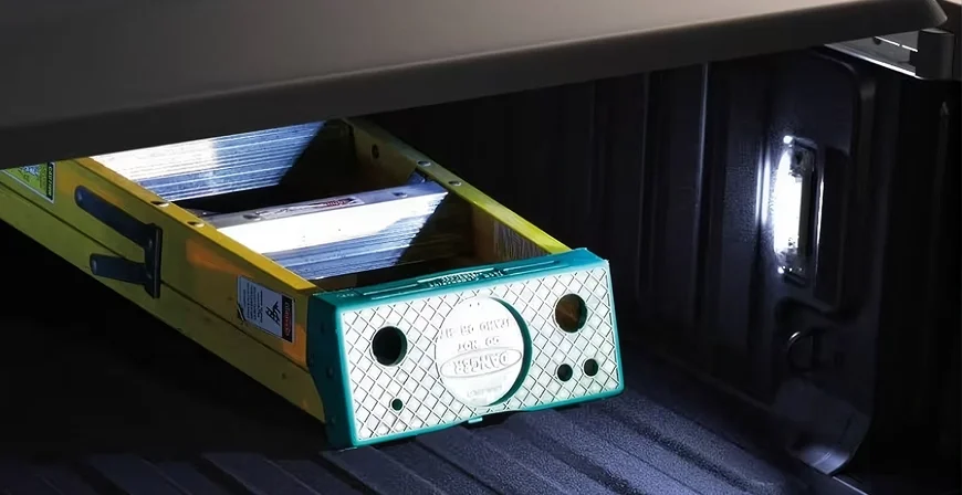LED bed lighting illuminating tools and a level stored in the bed of a RAM 2500 at night