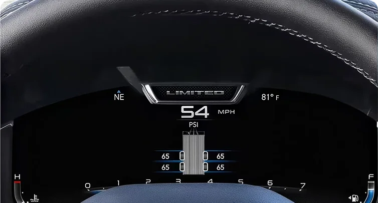 RAM digital cluster showing trailer tire pressure readings for four tires at 65 psi