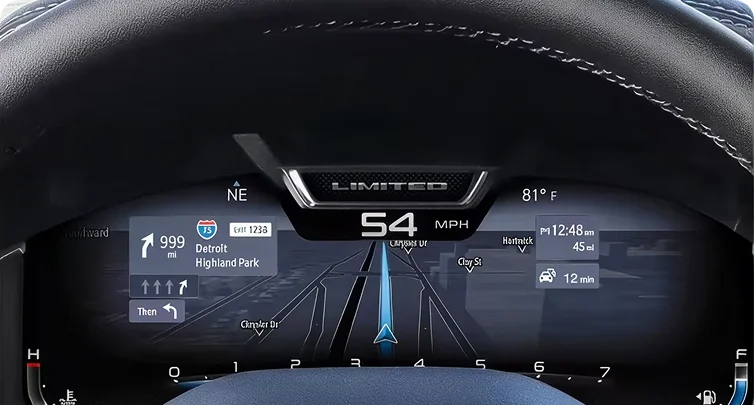 RAM digital cluster showing turn-by-turn navigation with a highlighted route at 54 mph