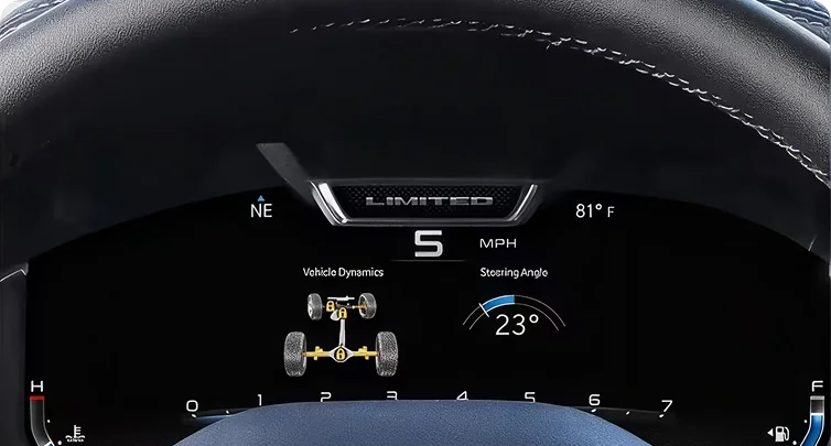 RAM digital cluster showing a vehicle dynamics readout with axle positions and a 23-degree steering angle