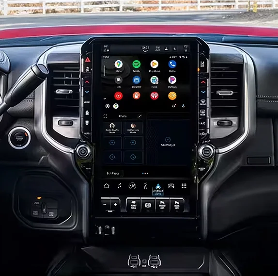 RAM vertical touchscreen running Android Auto with a grid of app icons on screen