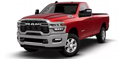 Red RAM 2500 Big Horn 4x4 regular cab with chrome grille, front three-quarter studio view
