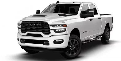 White RAM 2500 Black Express 4x4 with black grille and wheels, front three-quarter studio view